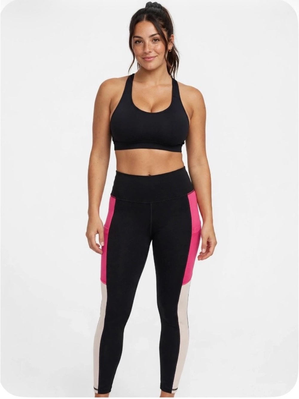 Fabletics Black Powerhold Leggings with Mesh Pink Pockets and Cream Side Panels